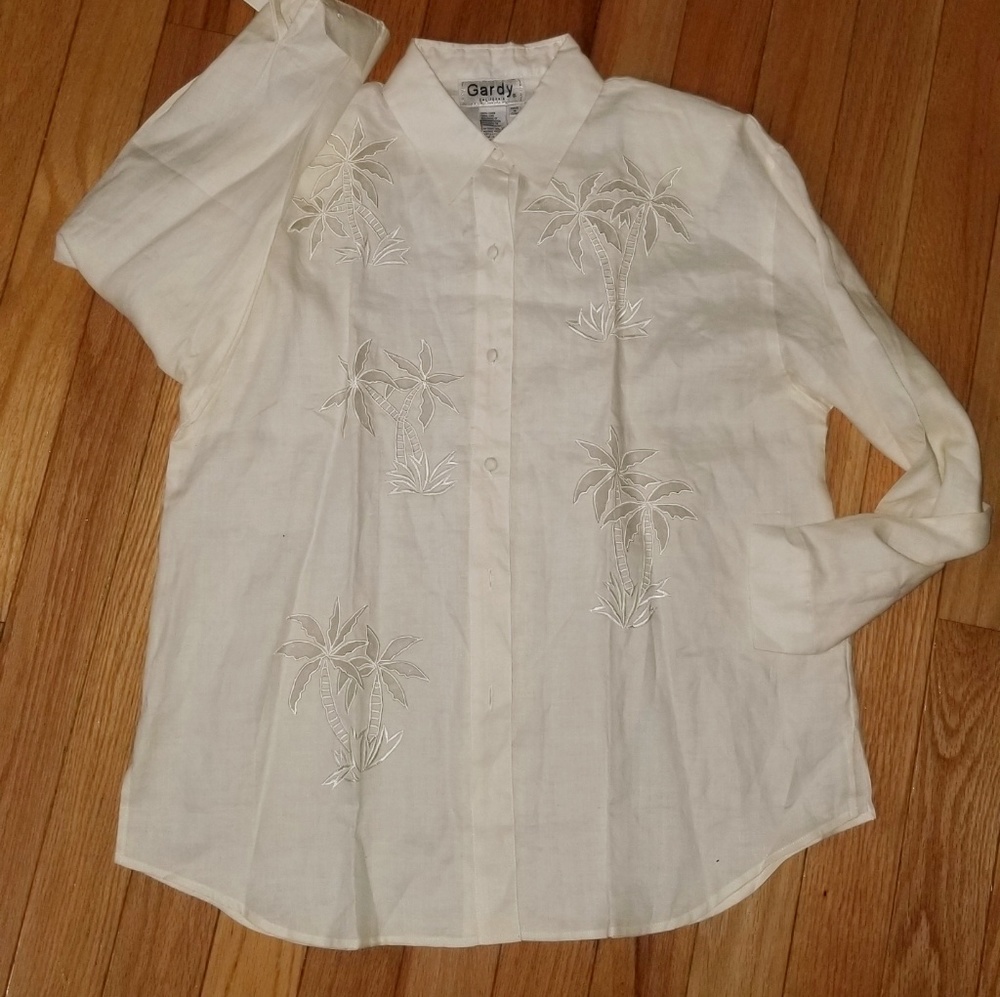Linen Gardy Blouse palm trees Inlaid embroidery